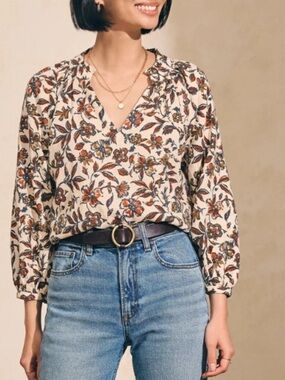 Faherty Portia Linen Blend Peasant Blouse  Floral Ruffle Trim XS